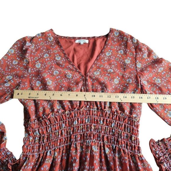 Max studio womens Sz L burn orange floral V neck Smocked maxi dress - Picture 4 of 8